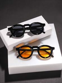2PCS Men's Fashion Glasses, Polycarbonate Oval Frames, Black Grey Blue Yellow Classic Casual Personalized Cool Retro Versatile, Daily Travel Party Street Wear, With Glasses Box - Multicolor - View 7