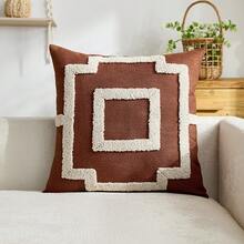 1 pieza Funda de cojín bordada con patrón geométrico marrón minimalista moderno, funda de cojín con patrón a rayas de terciopelo, adecuada para decoración interior, funda de almohada para todas las estaciones, sin incluir el relleno del cojín - Marrón - Ver 10