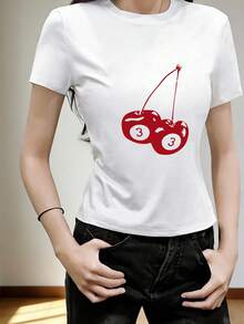 Women's Round-Neck Short-Sleeve T-Shirt, Summer New Cherry Pattern And Digital Print, American Hot Girl Fashion Slim-Fit Cropped Top - White - View 2
