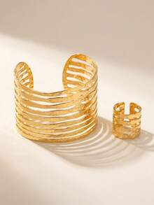 2pcs Exaggerated Metallic Asymmetrical Multi-Layer Line Adjustable Bangle And Adjustable Ring Jewelry Set, Fashionable And Elegant Jewelry Set For Women, Suitable For Daily Wear, Gifts, Vacation, And Parties - Yellow Gold - View 2