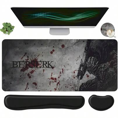 Bộ 4 tấm lót chuột chơi game thiết kế áo giáp giả tưởng đen tối, bao gồm kê cổ tay bàn phím, kê cổ tay chuột công thái học và đế lót ly, thảm trải bàn máy tính cỡ lớn có hỗ trợ cổ tay, lý tưởng cho văn phòng tại nhà, chơi game và trang trí bàn làm việc.