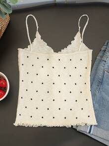 Korean Style Summer Retro Polka Dot Frill Trim Camisole Top, Sexy Slim Fit Ribbed Knit Crop Top, Sweet & Sexy Layering Piece, INS Soft White Ribbed Texture Single-Breasted Top With Buttons That Can Be Unbuttoned - Apricot - View 8
