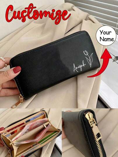 Ví dài nữ có khóa kéo, in tên theo yêu cầu, ví da PU màu đen với họa tiết hoa trắng, ngăn đựng tiền xu, ví đựng thẻ thời trang cho nữ, chống nước, nhỏ gọn, dung lượng lớn, đựng thẻ tín dụng, thẻ ID và tiền mặt, phù hợp cho công việc, thường ngày, nhu yếu phẩm hàng ngày, quà tặng ngày lễ hoàn hảo, thích hợp cho các cặp đôi, gia đình, bạn bè, đồng nghiệp, giáo viên, quà tặng Ngày của Mẹ.