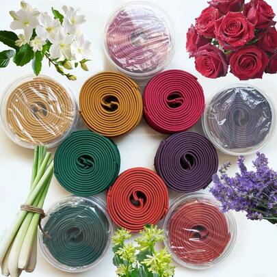 100支混合螺旋香，包含柠檬草、玫瑰、茉莉、薰衣草、龙血树五种香味，每种香味20支，香型为线圈状，燃烧时间3-4小时，适用于居家、办公室、瑜伽、冥想、健身、户外等场合，是馈赠佳品。