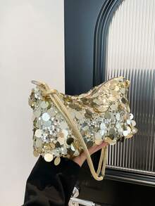 New Sequin Underarm Bag, Fashionable Minimalist Shoulder Bag, Large Capacity Handbag, Evening Shoulder Bag - Gold - View 1