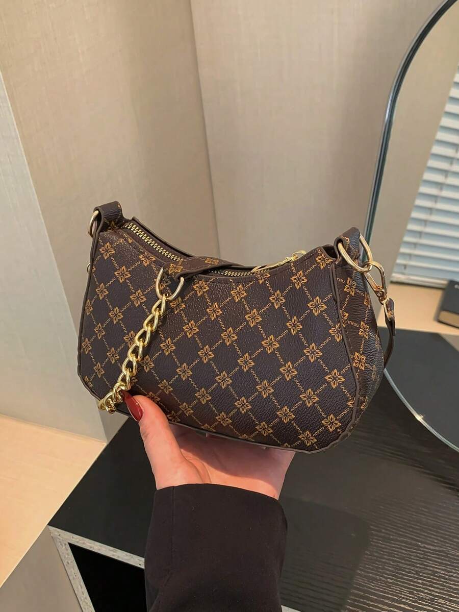 Minimalist Textured Chain Crossbody Bag, New Fashionable High-Quality Allover Print Small Shoulder Bag For Women - Coffee - View 1