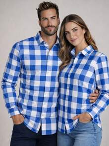 Men's Checkered Shirt, Comfortable Fashion, Long Sleeve, Country Style, June Festival, July Festival, Saint John's Day - Xanh nhạt - Xem 3