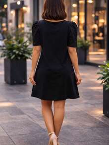 Vestido de algodón de mujer dama verano casual con brillos y bolsas amplio - Negro - Ver 4