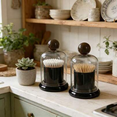 2pcs Swab & Toothpick Holder With Dustproof Clear Dome Lid/2pcs Acrylic Storage Organizer/Vanity Countertop Container For Bathroom & Dresser/Nordic Style Home Accessories, Canisters