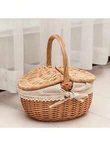 1 giỏ picnic thủ công, giỏ mây tự nhiên, giỏ picnic kiểu mộc mạc có nắp và tay cầm, thích hợp cho dã ngoại, tiệc tùng và tiệc nướng BBQ, giỏ, giỏ đan, giỏ mây, giỏ quà tặng, giỏ mây, dã ngoại, giỏ có tay cầm - Không mui - Xem 1