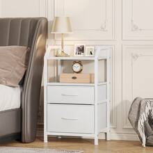 Compact 2-Drawer Fabric Bedside Table With Open Shelf | Metal Frame & Wooden Top, Space-Saving Nightstand For Bedroom/Living Room, Modern Sofa End Table With Storage - White - View 8