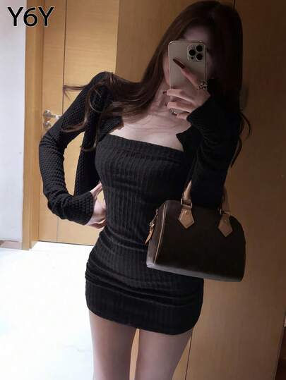  [Y6Y] 女士短款针织开衫，长袖圆领，适合春夏叠穿，可搭配吊带连衣裙，黑色