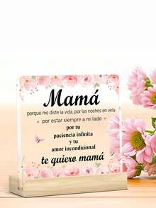 Crystal Plaque With Wooden Base, Spanish Text And Floral Design, Desktop Decor, Birthday, Anniversary, Mother's Day Gift - 1PC - View 1