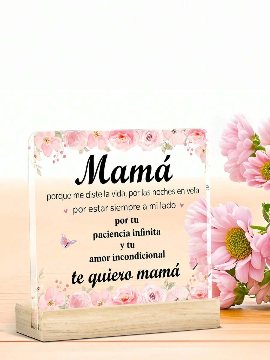 Crystal Plaque With Wooden Base, Spanish Text And Floral Design, Desktop Decor, Birthday, Anniversary, Mother's Day Gift - 1PC - View 1