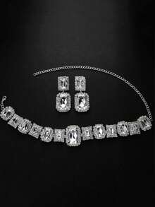 Fashion Bling Rhinestone Earrings Necklace Set Bridal Wedding Banquet Necklace Earrings Jewelry Set - Multicolor - View 6