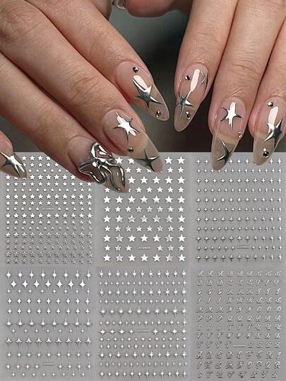 6 pièces Autocollants d'art pour ongles étoiles argentées métalliques - Autocollants 3D brillants en forme d'étoiles et de lettres rétro anglaises, Charms d'ongles en forme d'étoiles Y2K pour ongles en acrylique, Décorations de manucure DIY pour femmes et filles, Fournitures d'art pour les ongles pour les fêtes et les looks quotidiens