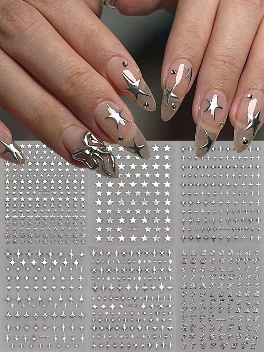 6 piezas Pegatinas de uñas de metal plateado con estrellas - Pegatinas de arte de uñas con estrellas 3D autoadhesivas brillantes y letras inglesas retro, decoraciones de uñas con estilo Y2K de estrellas, adecuadas para uñas acrílicas, decoración de arte de uñas DIY para fiestas y looks diarios, suministros para uñas