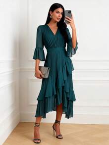 Solid Color Elegant Casual Zipper Ruffle Asymmetric Hem V-Neck Dress, Suitable For Vacation In Summer - Dark Green - View 3
