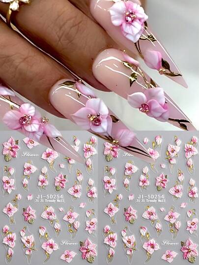 2pcs 5D Flower Petal Nail Stickers - Pink & White Hibiscus And Orchid Flower Petal Pressed Nail Stickers - DIY Self-Adhesive Nail Stickers - Cute Spring/Summer Nail Decor - Nail Salon Accessories - Nail Supplies