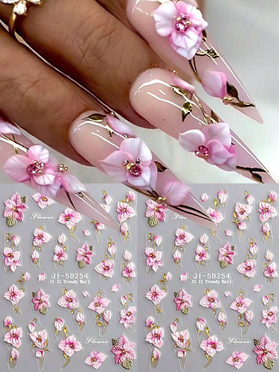 2 piezas Pegatinas de uñas con pétalos de flor 5D - Pegatinas de uñas con pétalos de flor de hibisco rosa y blanco y orquídea prensados - Pegatinas de uñas autoadhesivas DIY - Decoración de uñas linda para primavera/verano - Accesorios de salón de uñas - Suministros de uñas - Multicolor - Ver 1