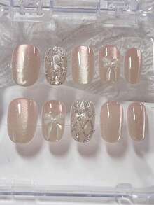 10片手工美甲贴片，高级简约渐变粉棕色猫眼短椭圆全覆盖假指甲，手绘菱形迷你珠饰，3D蝴蝶结设计，提升您的美甲风格，时尚简约，可重复使用，Y2K风格假指甲，适合女性和女孩日常及派对使用。特殊场合美甲，粘贴式假指甲，时尚爱好者，DIY美甲用品，适合女士和女孩全覆盖假指甲，打造独特外观。 - 彩色 - 查看 10
