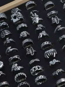 10/20pcs Vintage Punk Gothic Style Rings For Halloween, Butterfly, Spider, Rose, Skull, Heart Shaped And More Designs, Suitable For Party, Costume, Nightclub, Friends Gift, Daily Wear - Punk-style Pinky Ring - View 6