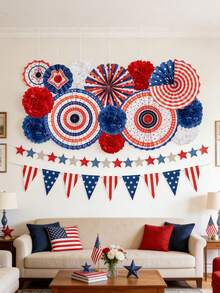 1 set de décoration patriotique pour le 4 juillet, comprenant des éventails en papier rouge, blanc et bleu, un drapeau américain, des rubans décoratifs en forme d'étoiles, des ballons colorés. Convient pour le Jour de l'Indépendance, le Jour des Anciens Combattants, le Jour du Drapeau, le Jour du Souvenir. - Multicolore - Voir 6