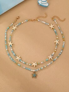 2pcs/Set Girls Starfish & Beads Necklace Set, Suitable For Daily Decoration And Beach Vacation Wear - Multicolor - View 4