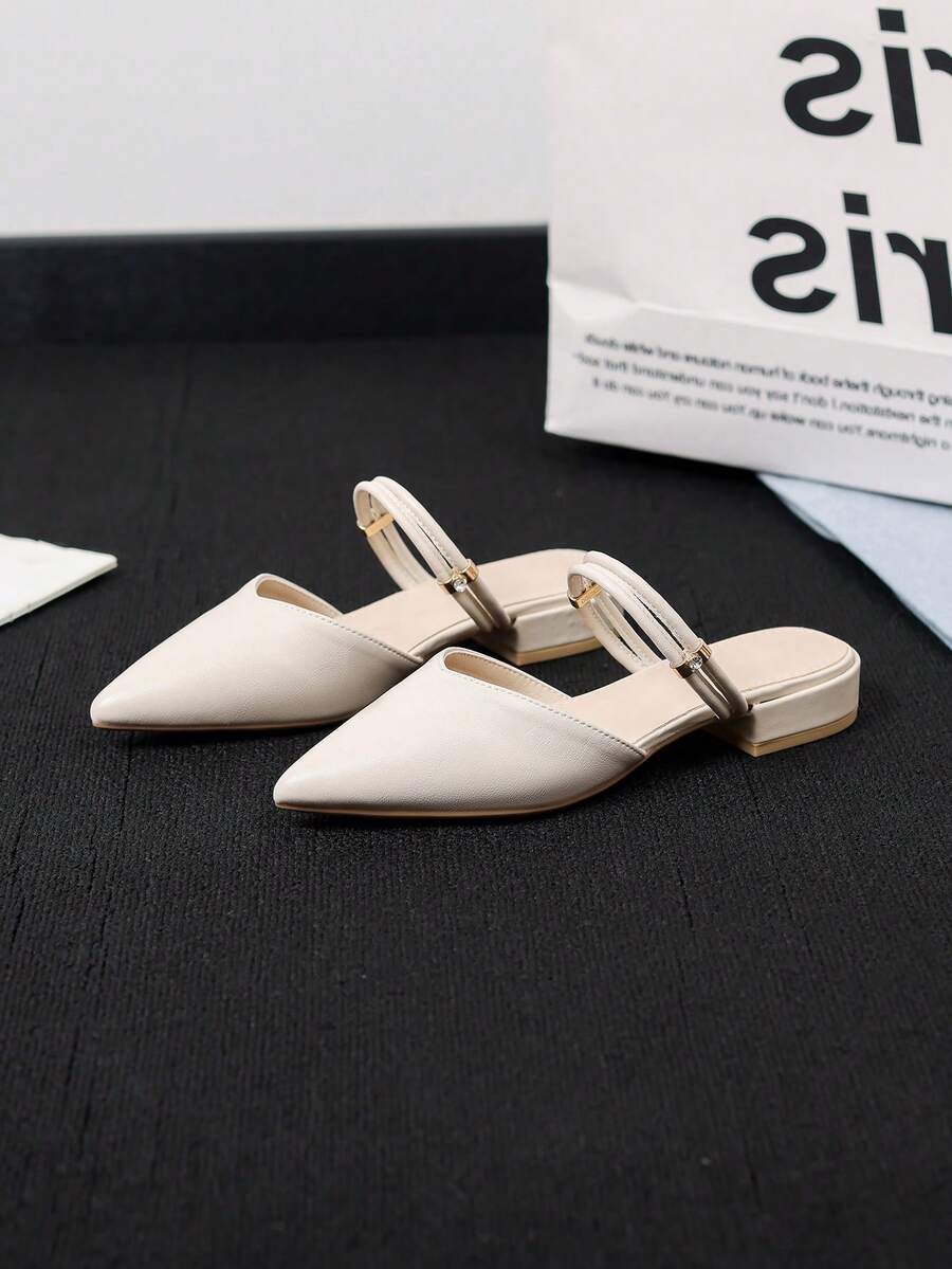 Women's Low Vamp Flat Mule Shoes, New Breathable Versatile Elegant Diamond Decor Backless Comfortable Low Heel French Pointed Toe Slip-On Mule Sandals - Chantilly - View 1