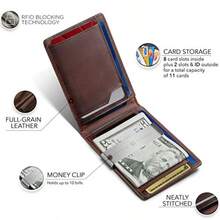 SERMAN BRANDS - portafolios con clip para dinero bolsillo frontal delgado con bloqueo RFID soporte minimalista para tarjetas - Transformador marrón de Texas Aire - Ver 6