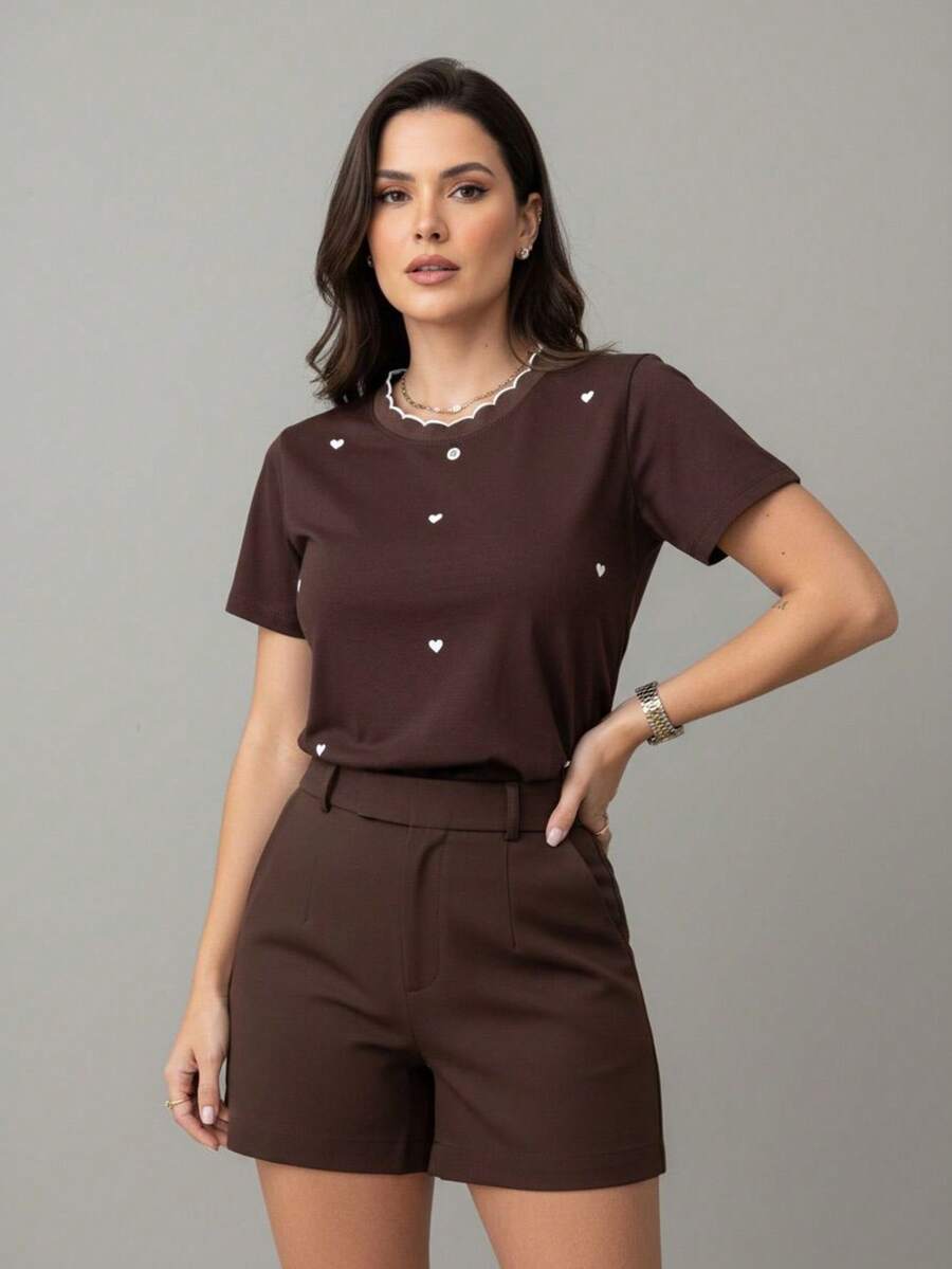 Babylook T-Shirt With Lurex Detail On The Collar, Polka Dots, And Heart. - Rỉ Nâu - Xem 1