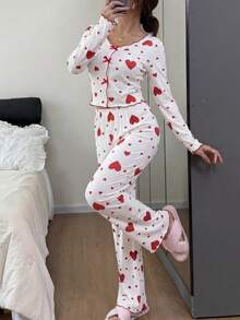 Dreamivo Ruched V-Neck Patchwork Heart Print Long Sleeve Top & Pants Two Pieces Sets - Red - View 2