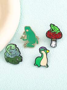4件套可爱动物珐琅胸针套装，包括叠叠青蛙、蘑菇青蛙、戴帽子的水獭、绿色青蛙，时尚包包配饰 - 彩色 - 查看 7