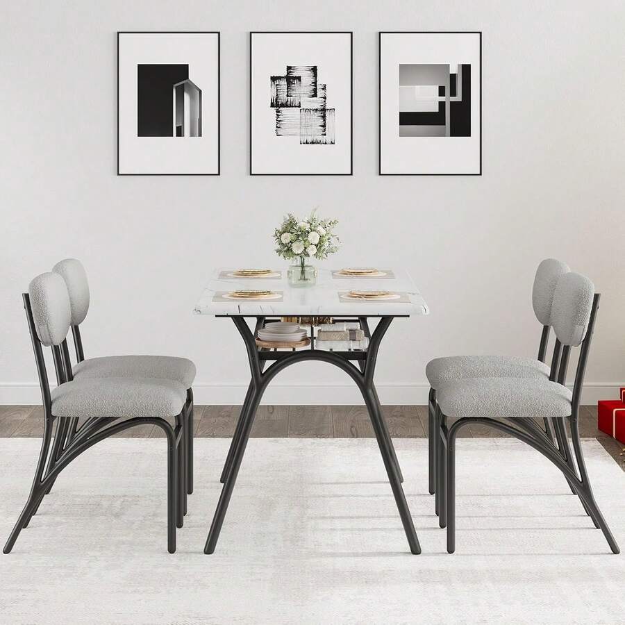 Mesa de comedor Conjunto para 4, Mesa de cocina con sillas de bucle para 4, Mesa de comedor rectangular moderna con estante de almacenamiento para espacio pequeño - Gris - Ver 1