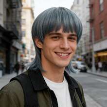 Short Layered Straight Ash Gray Blue Wolf Cut Bob Cosplay Wig With Bangs For Men Holiday Party Daily Wear, Heat Resistant Synthetic Hair For Anime Costume, Comic Con & Stage Performance - Multicolor - View 3