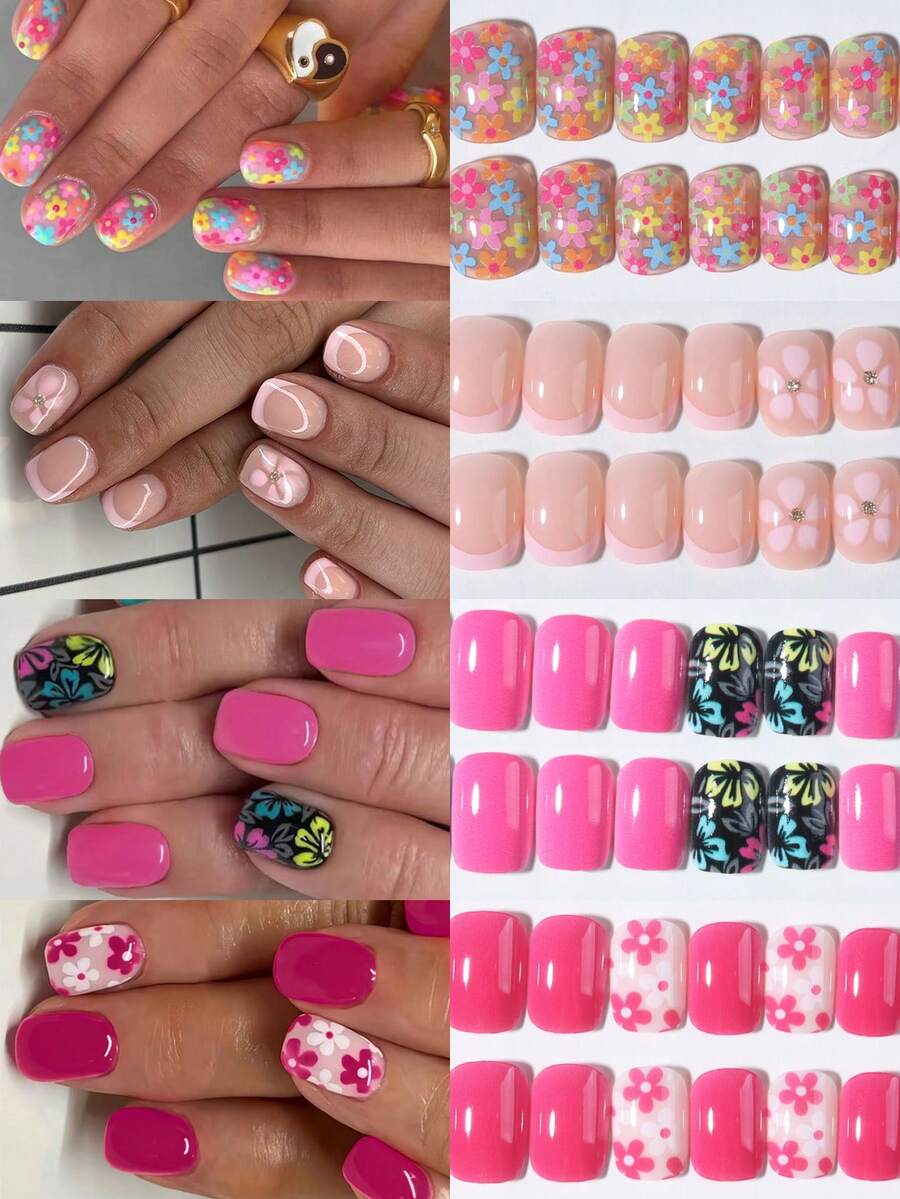 96片（4种混合款式）短方形粉色猫眼美甲贴纸，彩色花卉、枫叶和金粉设计，适合春、夏、秋季佩戴，易于佩戴的亚克力假指甲套装，包含1瓶果冻胶和1把指甲锉，适合女性日常生活和各种派对场合 - 彩色 - 查看 1