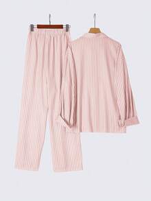 PARARAL Plus Size Women's Fashion Resort Striped Embroidered Long Sleeve Shirt & Wide Leg Pants 2-Piece Set, Casual Vacation Outfit For Women, Spring Elegant Pink - Pink - View 7