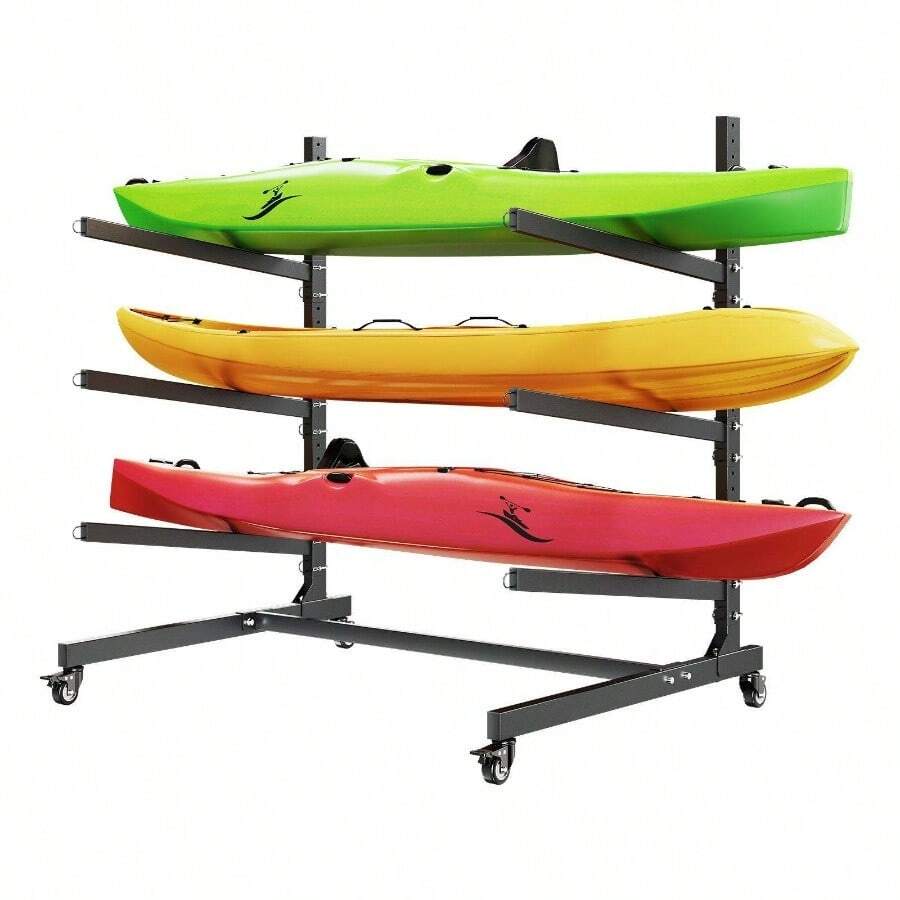 Kayak Storage Rack 3 Kayaks, Holds 200 Lbs, Heavy Duty Adjustable Freestanding Stand With Lockable Wheels Indoor Outdoor Garage Shed Dock, Holder Canoe, Surfboard Paddleboard - Default - View 1