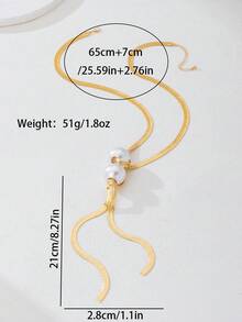 1pc Y-Shaped Long Necklace, Minimalist Pearl Tassel Design, Elegant & Versatile Long Necklace For Women - Yellow Gold - View 2