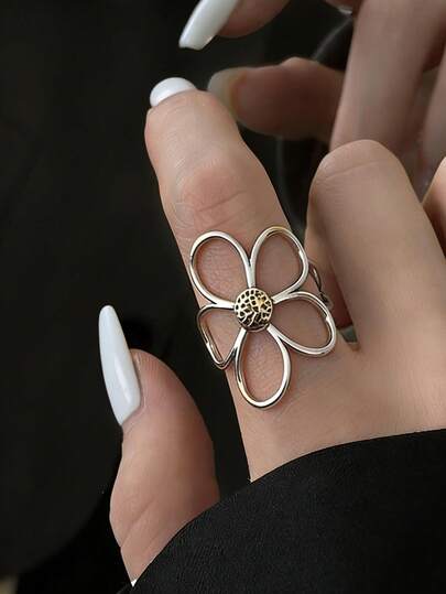 1pc Hollow Flower Stainless Steel Adjustable Ring, Gold/Silver Color, Casual Daily Wear