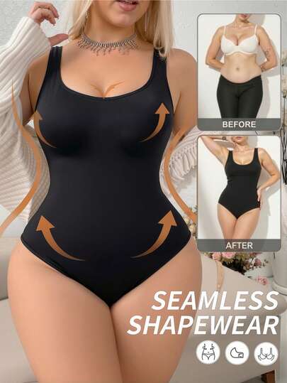 Curve-Hugging Seamless Black Jumpsuit For Women, Square Neck Shapewear With Crotch Snap, Waist & Abdomen Slimming For Daily Wear & Workout