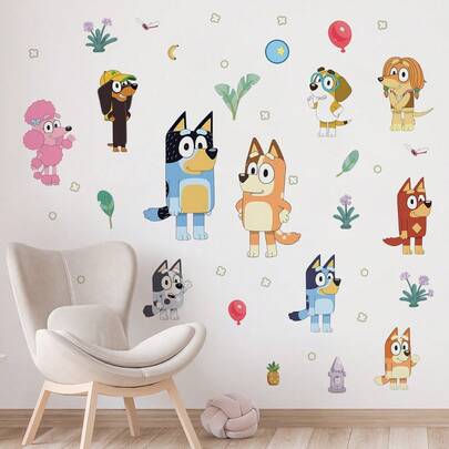  Cartoon Bluey Wall Sticker Decor For Living Room Bedroom, Cute Dog Pattern Vinyl Sticker, Vivid And Interesting Character Design Art, Also Best Gift For Friends