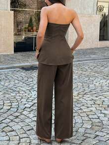 PoPoHouse Women's Two Pieces Set Sexy Backless Strapless Tube Top And Loose Wide-Leg Pants For Summer Business Office Commuting Casual Vacation Going Out Outfit Brown Suit - Khaki - View 2