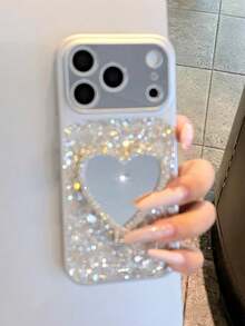 Luxury Bling Glitter Sequins Sivery Edge Plating Shockproof Large Window Phone Case Compatible With IPhone 17 Pro Max 17 Pro 16 Pro Max 15 14 Pro 17 Love Heart Mirror Bracket Bumper Protection Cover - Silver - View 5