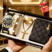 4-Piece Men's Faith Cross Watch Set: Multifunctional Quartz Chronograph Watch, Cross Necklace, Ring, And Wallet, Suitable For Workplace, Meetings, Dates, And Streetwear, Available In 2 Colors - Multicolor - View 9