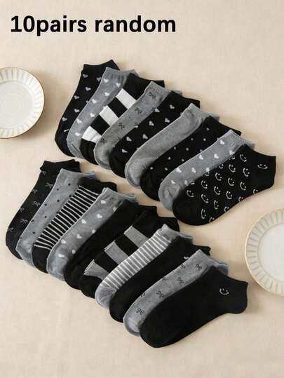 1/10 Đôi tất nữ ngẫu nhiên họa tiết nơ/trái tim/sọc, mềm mại và thoải mái, đa năng cho mặc hàng ngày, phù hợp cho mọi mùa.