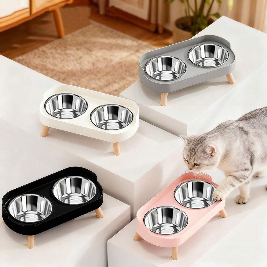 New Stainless Steel Elevated Double Bowl For Cats And Dogs, Integrated Food And Water Bowls On High Stand, Designed For Small Pets, Raised Design Protects Neck, Fashionable Pet Feeder