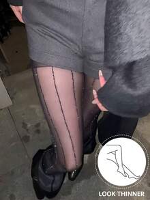 Shiny Silver Vertical Striped Pantyhose, Slimming Black Tights Resistant To Snagging - Multicolor - View 5