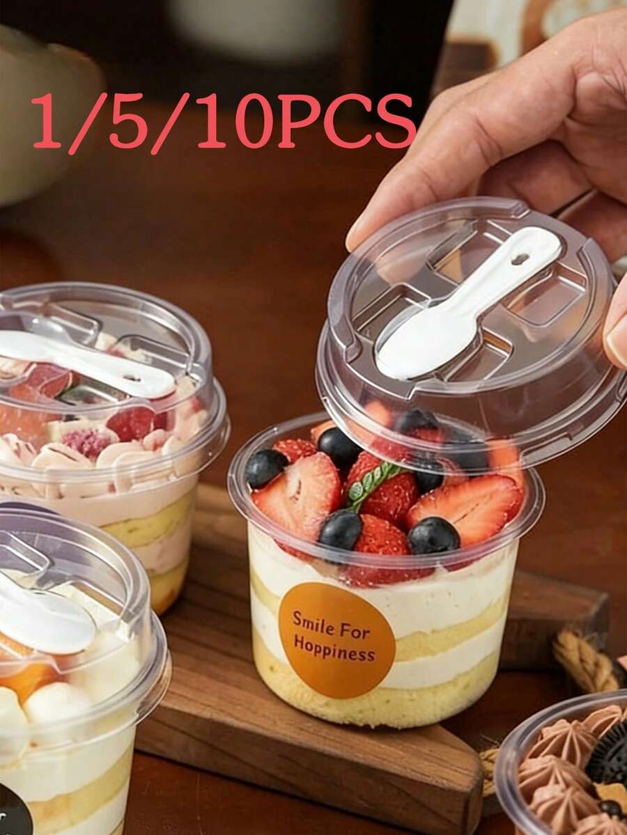 1/5/10 st återanvändbara runda puddingkoppar med lock och skedar, nya dessertkoppar, genomskinliga moussekakaförpackningar, yoghurtkoppar, lämpliga för födelsedagar, examen, portionsfester, bröllop och andra tillfällen