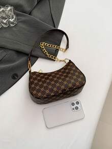 Minimalist Textured Chain Crossbody Bag, New Fashionable High-Quality Allover Print Small Shoulder Bag For Women - Coffee - View 3